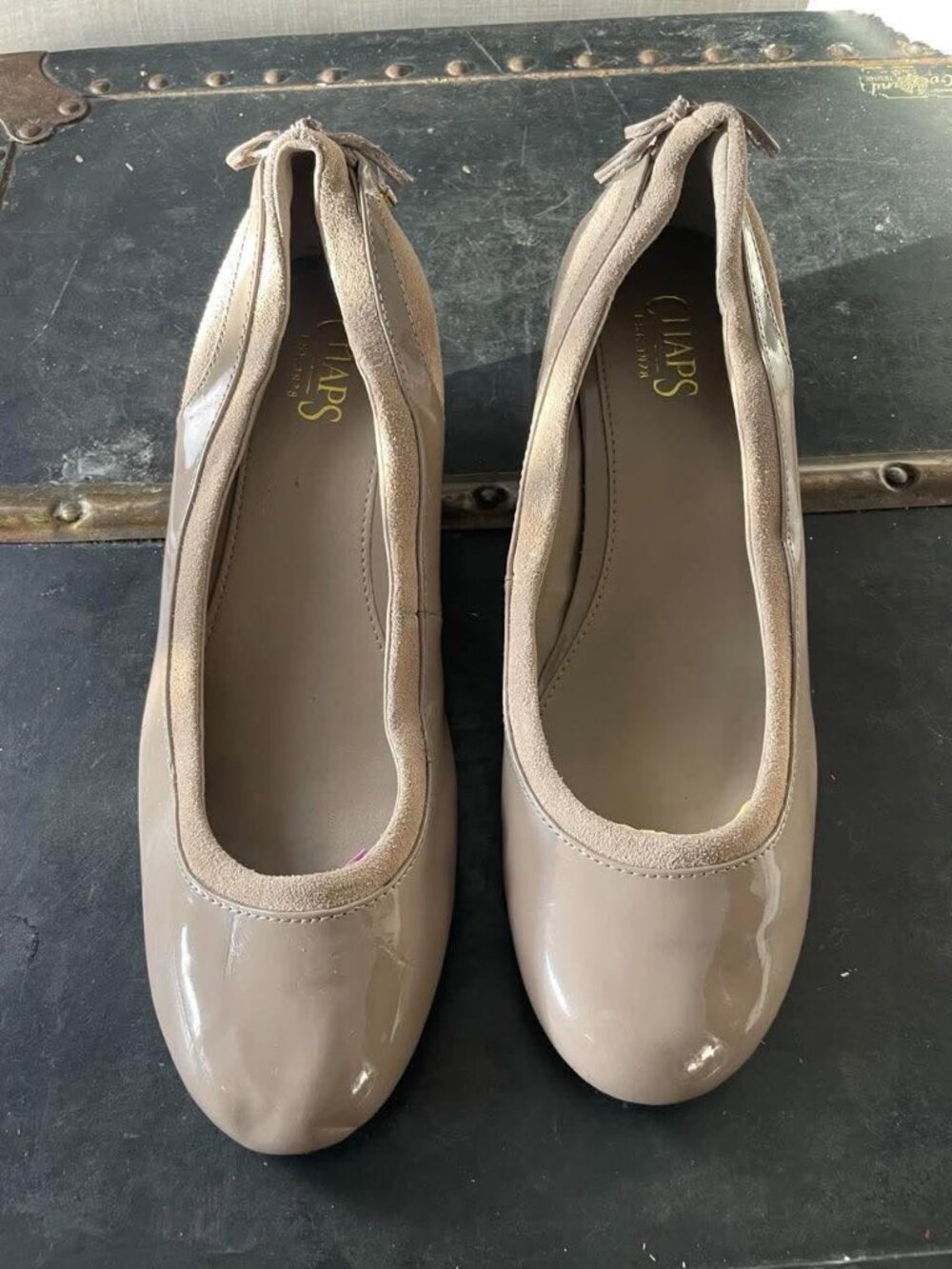 EUC Chaps Tan Leather Slip on Wedge Heel Shoes size 10